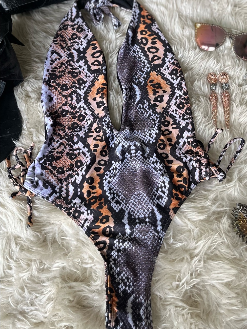NEW Snake Leopard Print Plunge One Piece Swimsuit S M L